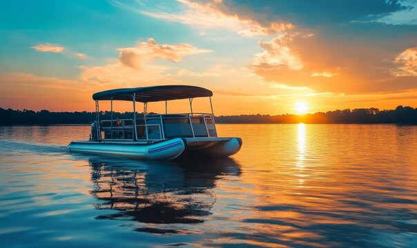 A pontoon boat sailing on a lake with a stunning sunset, capturing the idyllic and peaceful nature of a quiet evening on the water