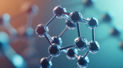 A close-up of a molecule model with crystalline atoms and silver bonds.