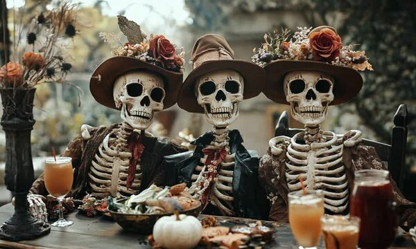 group of scary Halloween skeletons sitting together on a table, wearing brown hats with flowers on them with some beverages and food, Halloween spooky background, Spooky Skelton for Halloween