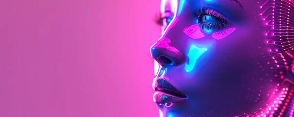 Futuristic robotic face illuminated with vibrant neon lights, showcasing intricate digital patterns and advanced technology, representing AI evolution and innovation in modern science.