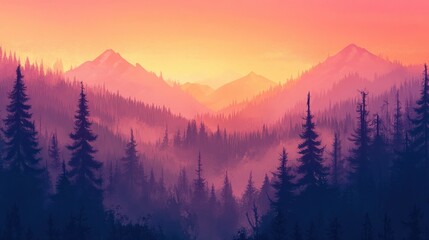 Obraz premium View of mist-covered mountain forest at sunset, with pink and orange tones blending into the horizon