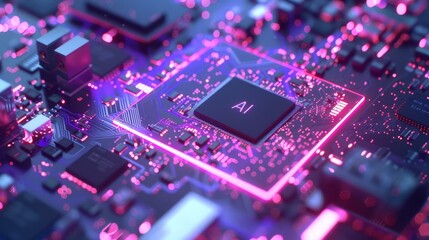 Vibrant close-up of advanced AI computer chip illuminated by neon lights, showcasing intricate circuitry and technology, emphasizing innovation in artificial intelligence and digital computing