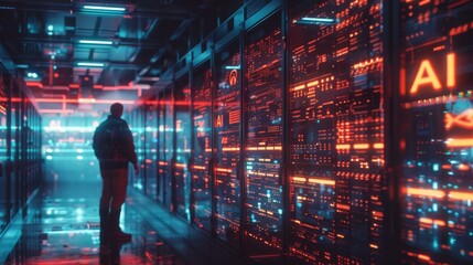 Individual standing in modern data center, illuminated by vibrant red and blue lights, exploring advanced AI technology, surrounded by towering server racks and digital interfaces.