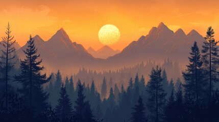 Obraz premium View of mountain peaks and forest covered in soft orange light at sunset, creating a serene scene