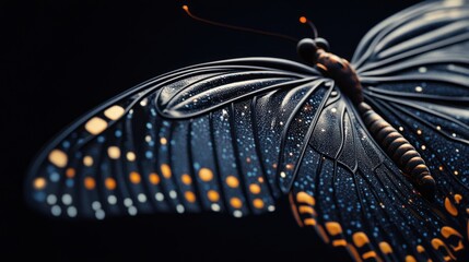 A close-up of a black butterfly with gold and blue spots on its wings against a dark background.