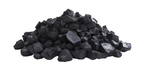 Collection of black coal, varying in size and shape, scattered on isolated transparent background. Black coal pieces, some lighter, haphazardly arranged, overlapping. No text or objects visible. Png.