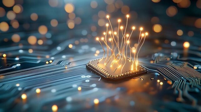 Detailed shot of a high resolution circuit board with glowing elements and intricate pathways, ideal for emphasizing the complexity and sophistication of modern electronics.