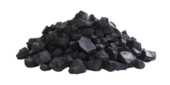 Collection of black coal, varying in size and shape, scattered on isolated transparent background. Black coal pieces, some lighter, haphazardly arranged, overlapping. No text or objects visible. Png.