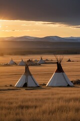 Sunset over traditional teepees in vast golden grassland, mountains in background