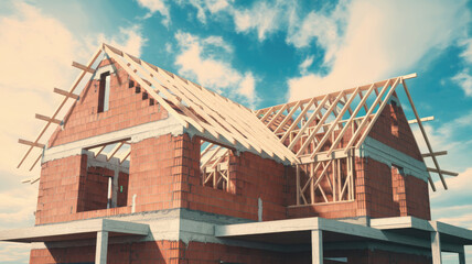 A house under construction with a wooden roof. The house is made of bricks and has a slanted roof. The sky is blue and there are clouds in the background