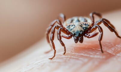 A close-up image of a tick on human skin, with the tick's body and legs in sharp detail