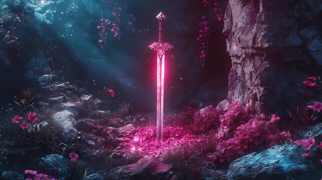 A mystical sword radiates light amidst stones and flora, evoking a sense of fantasy. Mystical. Illustration