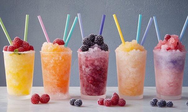 A selection of slushy frozen fruit granita drinks fills transparent cups, each topped with fresh berries and colorful straws.