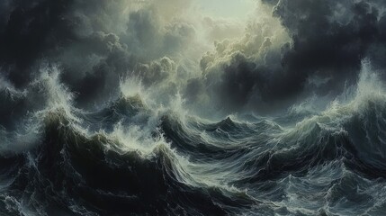 A dramatic seascape with towering waves crashing under a stormy sky with a single ray of light breaking through the clouds.
