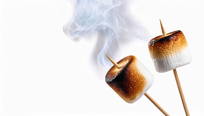 Two sticks Toasted marshmallows with light smoke on isolated  background