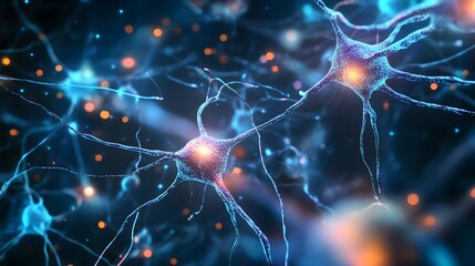 Close-up of Two Interconnected Neurons with Glowing Axons