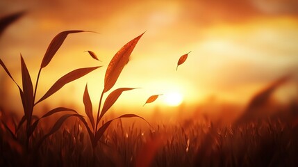 Fototapeta premium Tall grass, sunset, leaves blowing in the fore