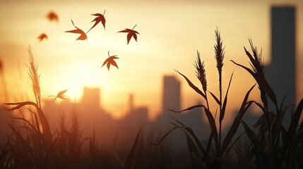   A city skyline with tall grass in the foreground and the sun setting behind buildings