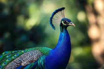 Obraz premium a beautiful colorful peacock on a green, slightly blurred meadow in the background, generative AI