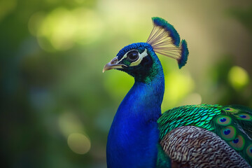 Obraz premium a beautiful colorful peacock on a green, slightly blurred meadow in the background, generative AI