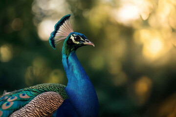 Fototapeta premium piękny kolorowy paw na zielonej, lekko rozmytej łące w tle, generatywna sztuczna inteligencja