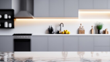 A marble countertop in a modern kitchen with white cabinets, stainless steel appliances, and a wood cutting board.