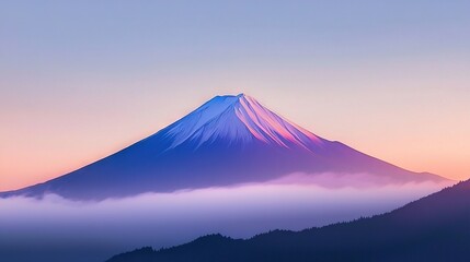 Fototapeta premium A mountain cloaked in fog, surrounded by a pastel sky and dotted with trees