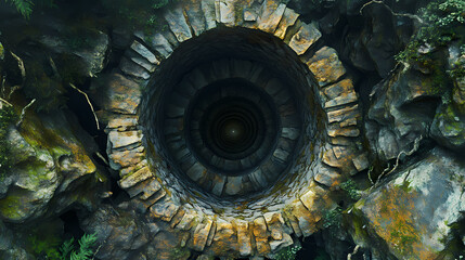 Aerial view of spiral tunnel entrance to mystical source of consciousness. Mystical. Illustration