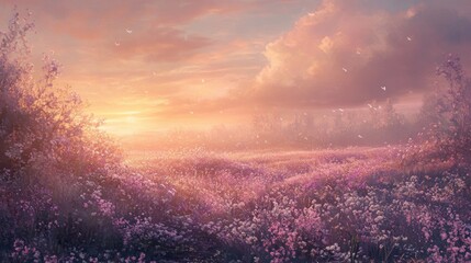 Fototapeta premium A breathtaking sunrise over a field of wildflowers with the sun shining through the clouds.