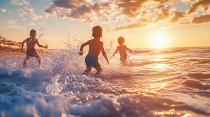 Fototapeta premium Three young boys run through the ocean waves on a beach at sunset.