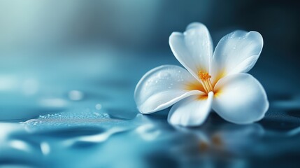 Naklejka premium White flower with dew on blue water surface