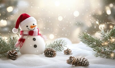 A small snowman, complete with a hat, is positioned next to pine branches and cones on a snowy surface, creating a delightful winter scene perfect for holiday wishes