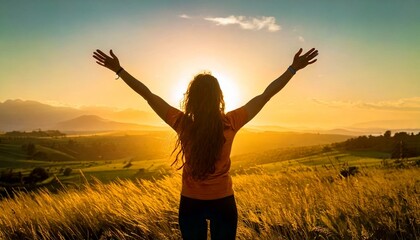 silueta de mujer con los brazos arriba disfrutando del atardecer en el campo