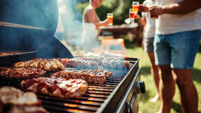 A close-up of juicy steaks grilling over hot coals, surrounded by friends enjoying a summer barbecue
