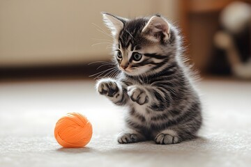  A playful kitten curiously playing with a colorful ball of yarn while sitting in a bright room.
