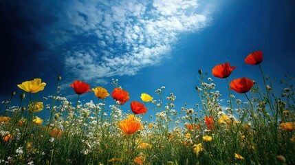 Obraz premium A vibrant field of red, yellow, and white wildflowers under a bright blue sky with fluffy white clouds.