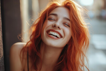 Fototapeta premium beautiful happy smiling woman fascinated with life, generative AI