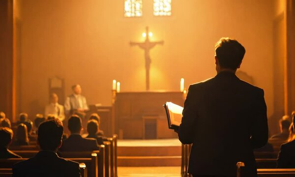 Young pastor preaching in front of congregation at church