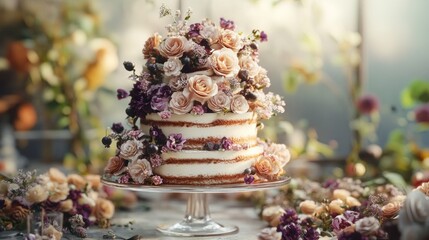 A two-tiered wedding cake with buttercream frosting and a floral arrangement of delicate roses and purple flowers.