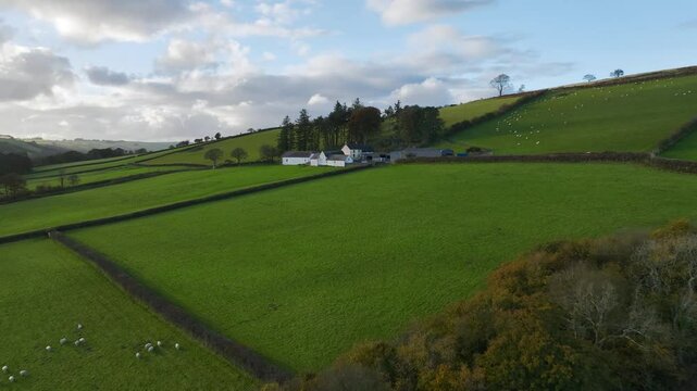Farms over Trecastle from a drone at sunset, Brecon Beacons National Park, Powys, Wales, England