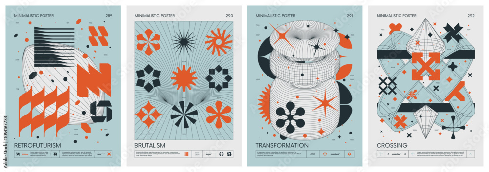 Poster brutalist style vector minimalistic posters with silhouette basic figures, retro futuristic graphic 