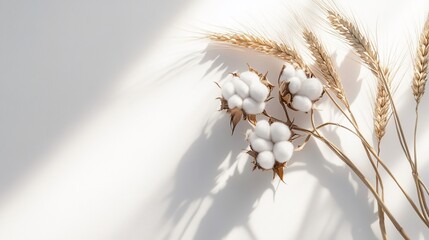 Cotton and wheat stalks on white background with shadow.