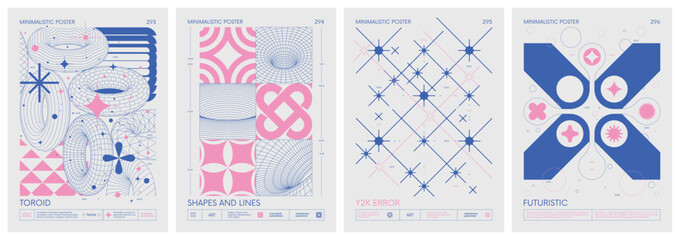 Brutalist style vector minimalistic Posters with silhouette basic figures, Retro futuristic graphic elements of geometrical shapes rave composition, Modern monochrome print artwork, color set 74 © max_776