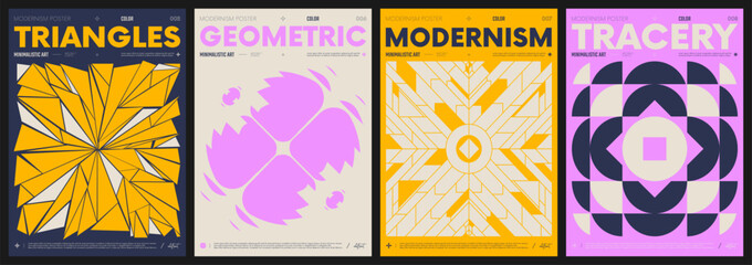 Modern abstract artwork collection, vector minimalistic posters with geometric shapes, brutalism style inspired graphic, bold Y2k futuristic aesthetic, form distortion effect, color set 2