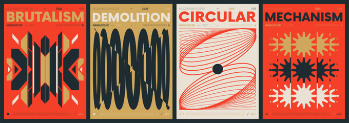 Modern abstract artwork collection, vector minimalistic posters with geometric shapes, brutalism style inspired graphic, bold Y2k futuristic aesthetic, form distortion effect, color set 1 © max_776