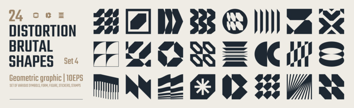 Postmodern abstract geometric graphic elements, Refraction and distortion glass effect various form, Brutalist vector shapes, trendy retro design symbols in Y2K aesthetics, vintage stickers, set 4