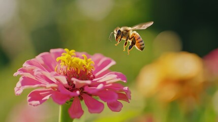 A honey bee in flight, approaching a pink zinnia flower with yellow pollen. The bee's wings are spread, and its body is covered in pollen.