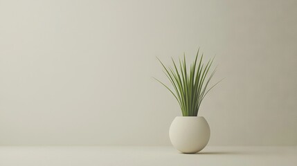   A white vase containing a green plant sits on a white table against a white wall, with another white wall as its backdrop