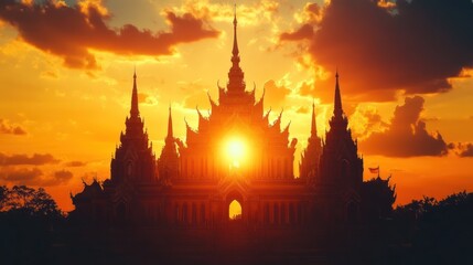 Fototapeta premium Silhouette of a temple against a fiery sunset.