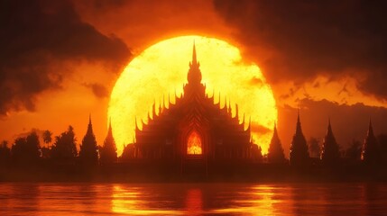 Naklejka premium A large, intricate, ancient temple silhouette with a dramatic sunset behind it.
